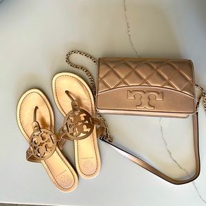 Rose gold Tory Burch Miller sandals and matching crossbody